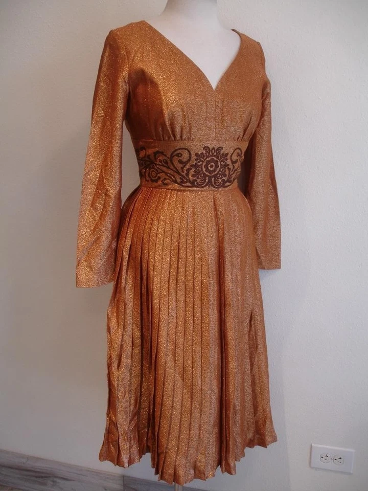 Women's S 10 Vtg 1960's Alfred Shaheen Metallic Gold Bronze Dress Pleated Gown - Image 1 of 4
