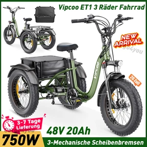 750W VIPCOO ET1 3 Räder Fahrrad 48V20Ah Elektrofahrrad 20" Elektro Dreirad Korb - Bild 1 von 24