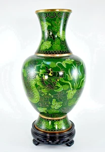 CHINESE CLOISONNE GREEN DRAGON and FLORAL ENAMEL VASE with STAND 30cm - Picture 1 of 9