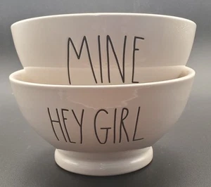 Rae Dunn Artesan Footed Bowls Cereal Soup "Mine" "Hey Girl" White Set of 2 - Picture 1 of 3