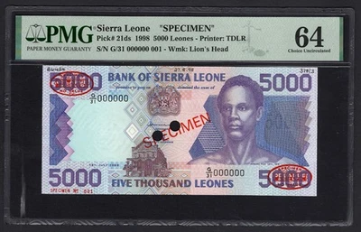 Sierra Leone 5000 Leones 15-7-1998 P21ds "Specimen N.001" UNC Graded 64 Top Pop - Image 1 of 2