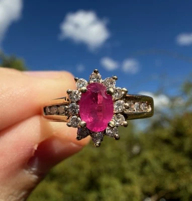 Vintage 10k Solid Yellow Gold Natural Ruby & Diamond Halo Ring - Channel Oval - Image 1 of 4