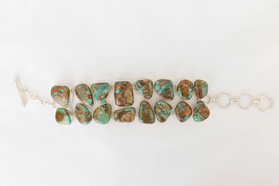 Vintage 925 Sterling Silver Large Turquoise Natural Gemstones Bracelet READ - Image 1 of 4