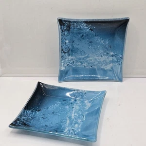 Bicchiere artistico fuso piccolo portagioie quadrato blu strisce acqua 5" quadrato set di 2 - Foto 1 di 18