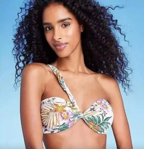 NWOT‼ SHADE & SHORE Sz M Cream Tropical One Shoulder Bandeau Bikini Top - Picture 1 of 10