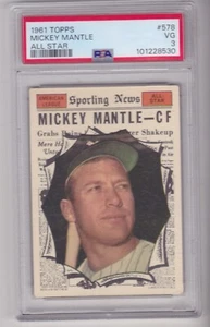 TOUGH 1961 MICKEY MANTLE TOPPS #578 ALL-STAR PSA 3 NEW YORK YANKEES SP - Picture 1 of 2