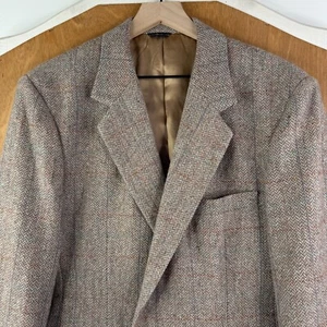 VINTAGE Tweed Jacket Mens 42S Brown 2 Button 100% Wool Oakton Windowpane Check - Picture 1 of 14