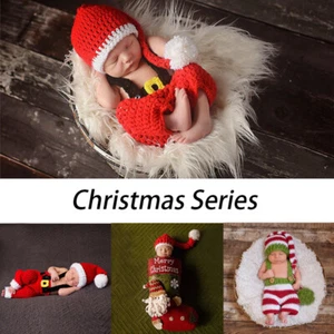 Christmas Theme Newborn Baby Photography Props Crochet Costume Hats Outfit Sets - Picture 1 of 20