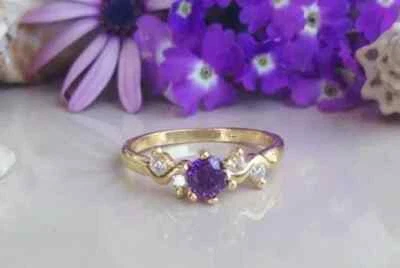 2Ct Round Cut Simulated Amethyst Women's Engagement Ring 14k Yellow Gold Plated - Image 1 of 4