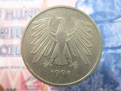 Moneda de dinero mundial Alemania 5 marcos 1991 F bh7k Foto 1 de 2