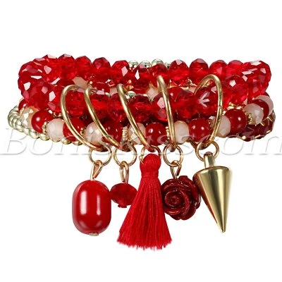 Conjunto de pulsera pulseras multicapa elásticas con cuentas de cristal borlas bohemias para mujer Foto 1 de 2