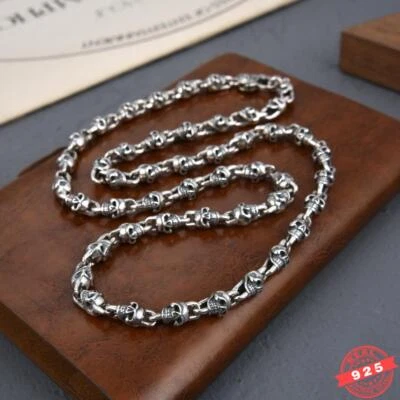 Реальный 925 пробы черепа цепочка мужской винтажный панк хип-хоп ожерелье ошейник - Изображение 1 из 4