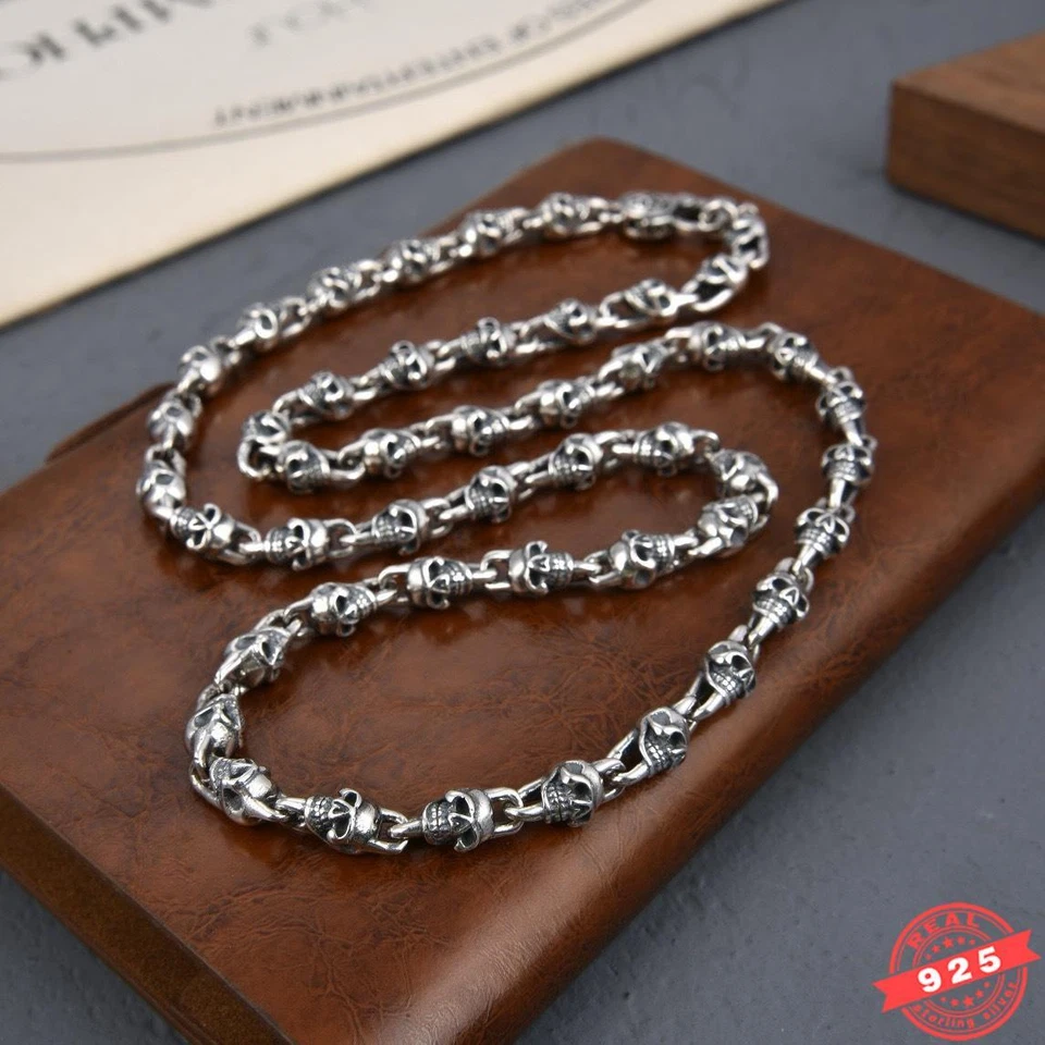 Gargantilla collar calaveras de plata esterlina 925 real para hombre vintage punk hip hop Foto 1 de 4