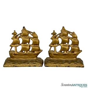 Antique Traditional Cast Iron Gold Gilded Galleon Boat Ship Bookends – A Pair - Picture 1 of 10