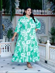 Übergröße Damen bedrucktes Kleid aus reiner Baumwolle Kurta (grün) - Bild 1 von 4