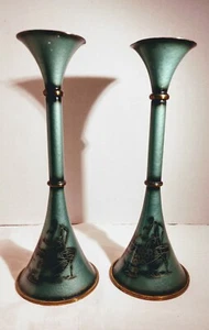 Vintage Oppenheim Israel Brass Green Verdigris Enamel Judaica Candlesticks - Picture 1 of 4
