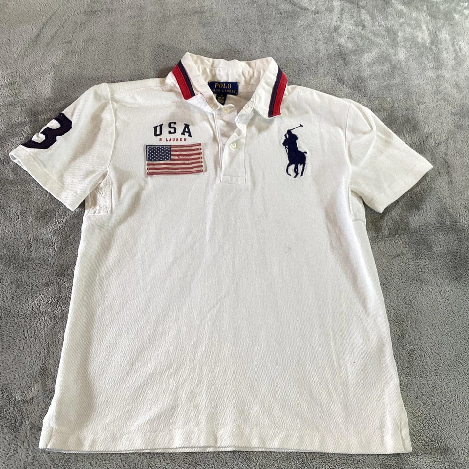 Polo Ralph Lauren Shirt Boys Medium 10-12 White USA Flag Big Pony Embroidered - Image 1 of 4