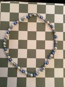 Freshwater Pearl and Blue Larimar Beaded Necklace With .925 Silver Clasps - Picture 1 of 3