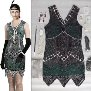 Vestido Gatsby FUNDAISY Años 20 Mujer L Aleta Lentejuelas Sin Mangas + Accesorios NUEVO - Imagen 1 de 24