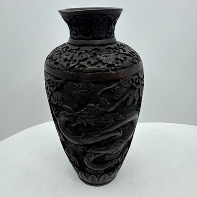 Jarrón chino vintage tallado dragón cinabrio adorno decorativo 9" de alto Foto 1 de 4