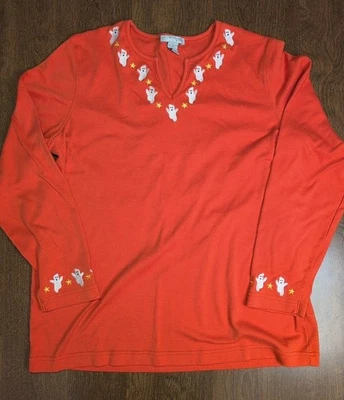 Halloween Women Shirt Top Size Large Mercer St. Studio Embroidered Orange Ghosts - Image 1 of 4