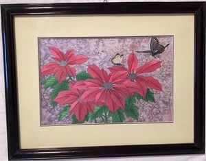 De colección Flor de pascua y mariposas impresas en seda y cosidas, enmarcadas y mate - Imagen 1 de 6