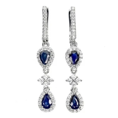 3 Karat Birne Schliff Labor Erstellt Blau Saphir Tropfen / Lang Ohrringe 14k - Bild 1 von 4