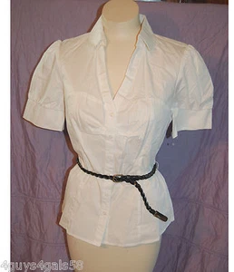 JR Womens Tailored Button Down Blouse WHITE Black Braided Belt L 11-13 DRESSY - Picture 1 of 3