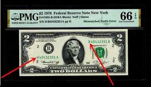 RARE 1976 $2 Mismatched prefix Error PMG GEM Uncirculated 66 EPQ - Picture 1 of 2