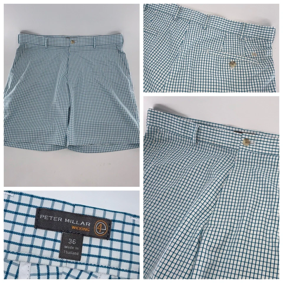 Pantalones cortos de golf Peter Millar Wicking E4 para hombre talla 37 Blanco Azul Cuadros Poli YGI P4-246 Foto 1 de 4