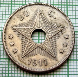 BELGIAN CONGO ALBERT I 1911 20 CENTIMES STAR & King's Monograms Colonial Coinage - Picture 1 of 6