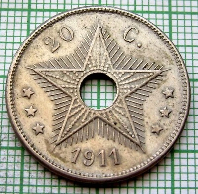 BELGIAN CONGO ALBERT I 1911 20 CENTIMES STAR & King's Monograms Colonial Coinage - Image 1 of 4