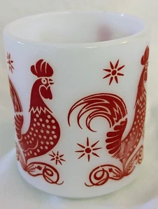 Hazel Atlas Platonite Milk Glass Red Rooster Chicken Mug or Coffee Cup Vintage - Picture 1 of 8