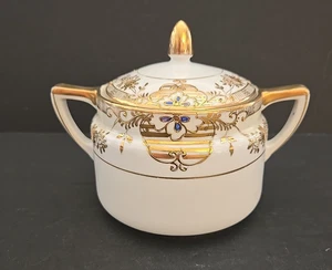 Vintage Nippon Sugar Bowl w/lid delicate blue flowers heavy gold gilding - Picture 1 of 10