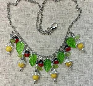 Ladybug/ Flower Necklace- 18 ” chain , Silver tone, Glass Leaves, Yellow Flowers - Picture 1 of 4