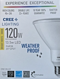 CREE 120W 13.5W LED 25° SPOT 3000K Par38 Bulb Dimmable 22+ yrs BRIGHT WHITE - Picture 1 of 7