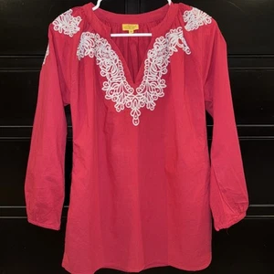 Top Roberta Roller Rabbit Bordado Rojo Manga Larga XS Boho Campesino - Imagen 1 de 5