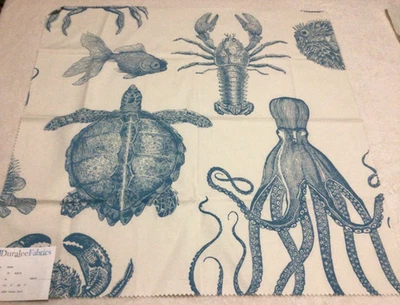 DURALEE Designer Fabric Remnant Sea Life Aqua Blue on white 22 x 24 cotton - Image 1 of 4