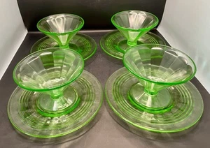 Uranium Green  Block Optic Glass Sherbet Cups & Underplate  Set of 4 Y3 - Picture 1 of 10