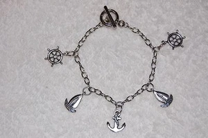 Sailboat Sailing Nautical Beach Charm Silver Colored 8" Bracelet Anchor Oceanic - Picture 1 of 1