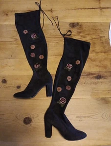 Chinese Laundry Briella Thigh High Boot Women 10 M Black Suedette Floral Boho - Picture 1 of 6