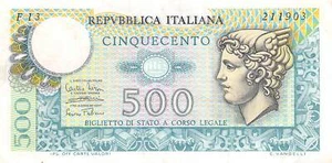 Italy 500 Lire 14.2.1974 Series F 13 Circulated Banknote ART2 - Picture 1 of 2