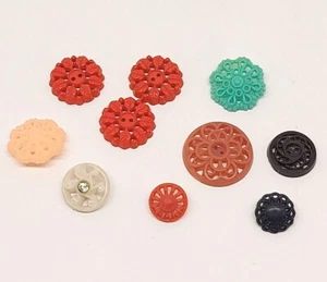 10 Vintage Plastic Pierced and Carved Buttons - Picture 1 of 9
