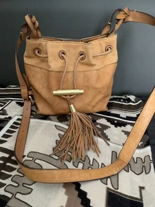 Mimco Cross Body Tan Leather Drawstring + Tassel - Picture 1 of 7
