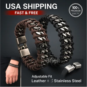 Neu Herren Schwarz Geflochten Leder Biker Silber Stahl Kubanische Kette Armband Armreif - Bild 1 von 10