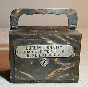 ANTIQUE SUITCASE BANK BURLINGTON CITY LOAN AND TRUST CO. BURLINGTON, NJ w/COPPER - Picture 1 of 12