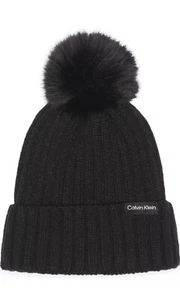 Calvin Klein Women's Faux Fur Pom Knit Beanie Cold Weather Super Soft Hat - Picture 1 of 5