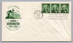 1954 Farnum FDC George Washington 1C #1054 Coil Line Strip of 3 Baltimore, MD - Picture 1 of 2
