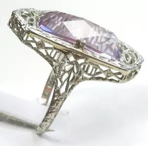 Antique 1920's Amethyst 13K White Gold Filigree Ring Size 6 UK-L1/2 5.64 CT Deco - Picture 1 of 13