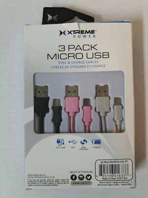 Xtreme Power 3 Pack Micro USB Sync & Charge Cables, High speed transfer, New.  - Image 1 of 4